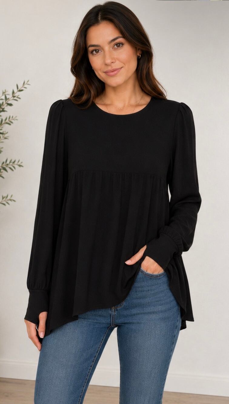 Jill Stuart Empire Waist Draped Black Finger Hole Sleeve Blouse Black Medium
